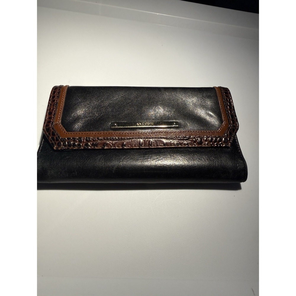 Brahmin Trifold Wallet Womens OS Black Brown Leather Croc Trim Checkbook Cover